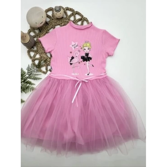 5-6-7 Yaş Flamingo Balerin Kız Baskılı Kurdela Kuşaklı Astarlı Kız Çocuk Tütü Elbise