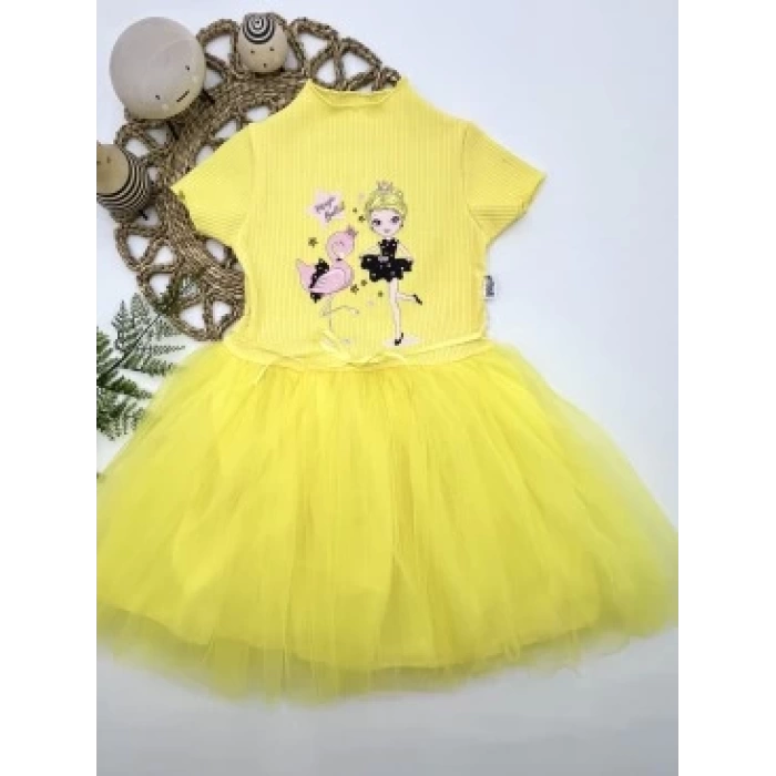 5-6-7 Yaş Flamingo Balerin Kız Baskılı Kurdela Kuşaklı Astarlı Kız Çocuk Tütü Elbise