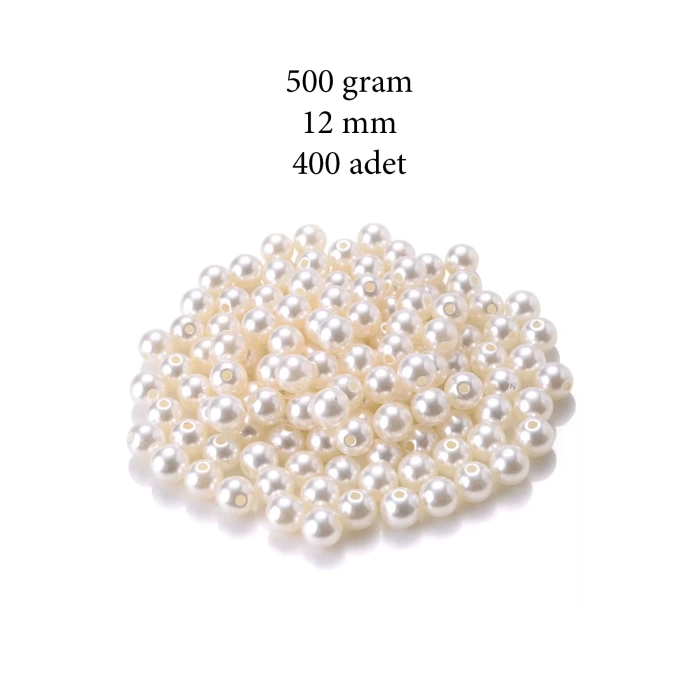 500 gram 12mm Krem Renk Plastik İnci Boncuk Çanta ve Takı Yapım Boncuğu (~400 adet)