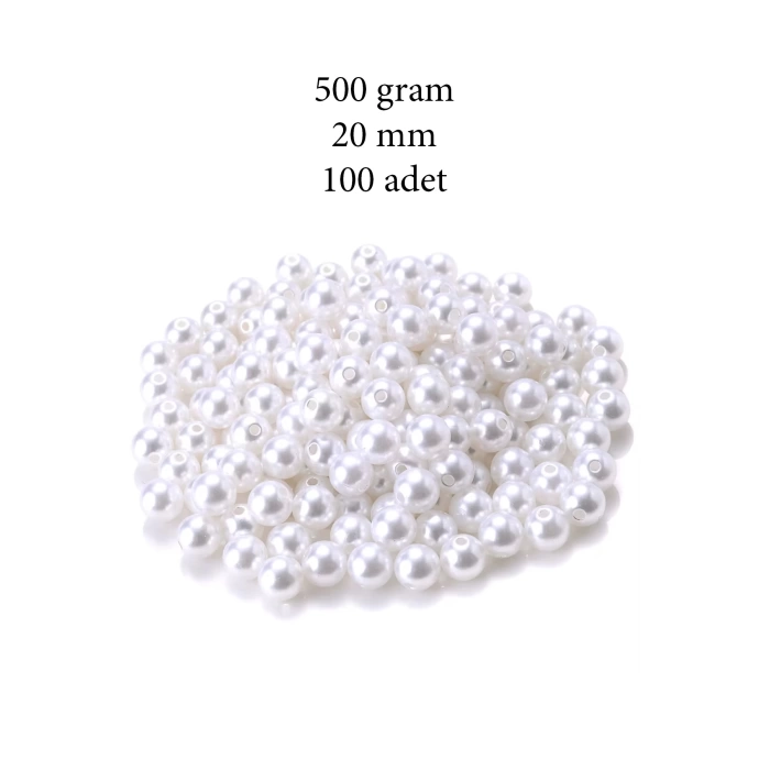 500 gram 20mm Beyaz Renk Plastik İnci Boncuk Çanta ve Takı Yapım Boncuğu (~100 adet)