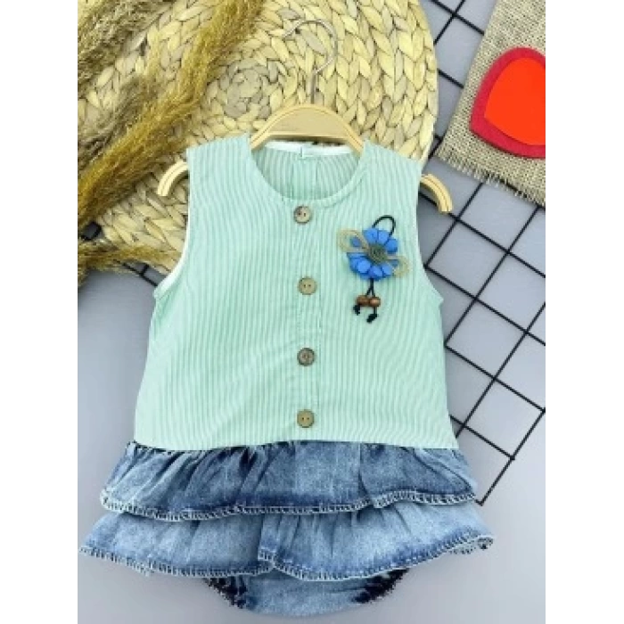 6-9-12-18 Ay Gül Rozet Detaylı Kot Kilotlu Etek Kız Bebek Elbisesi