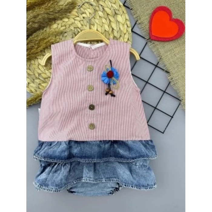 6-9-12-18 Ay Gül Rozet Detaylı Kot Kilotlu Etek Kız Bebek Elbisesi