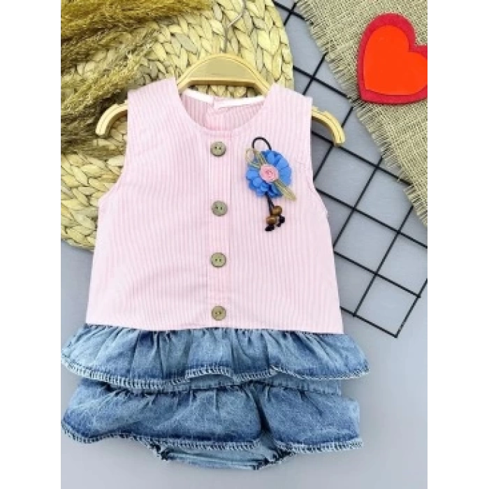 6-9-12-18 Ay Gül Rozet Detaylı Kot Kilotlu Etek Kız Bebek Elbisesi