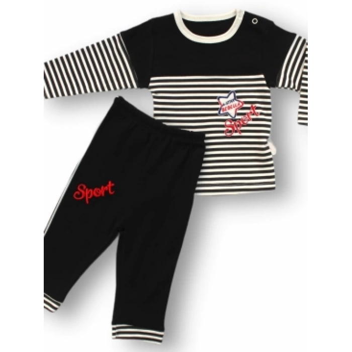 6-9 9-12 12-18 18-24 24-36 Ay Sport Baskılı Çizgili Uzun Kollu Sweatli 2li Erkek Bebek Takımı