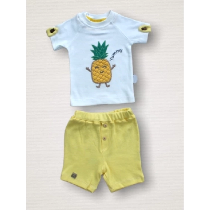 6-9 9-12 12-18 Ay Ananas Nakışlı Kısa Kollu Sweatli Şortlu 2li Kız-erkek Bebek Takımı