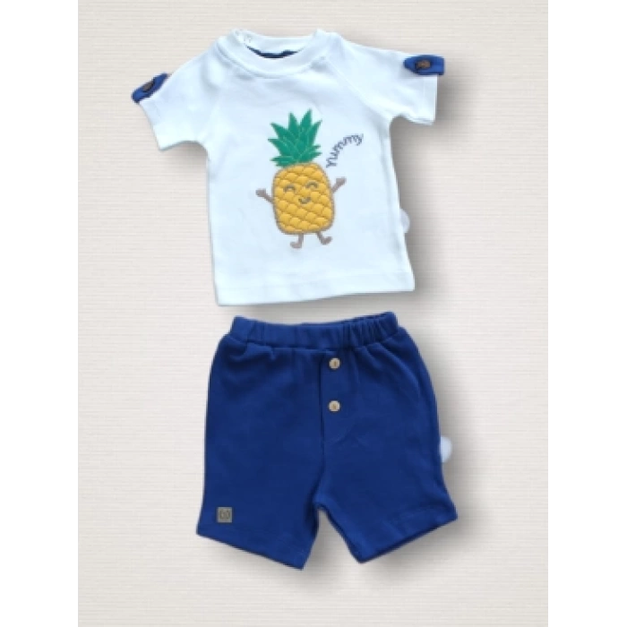 6-9 9-12 12-18 Ay Ananas Nakışlı Kısa Kollu Sweatli Şortlu 2li Kız-erkek Bebek Takımı