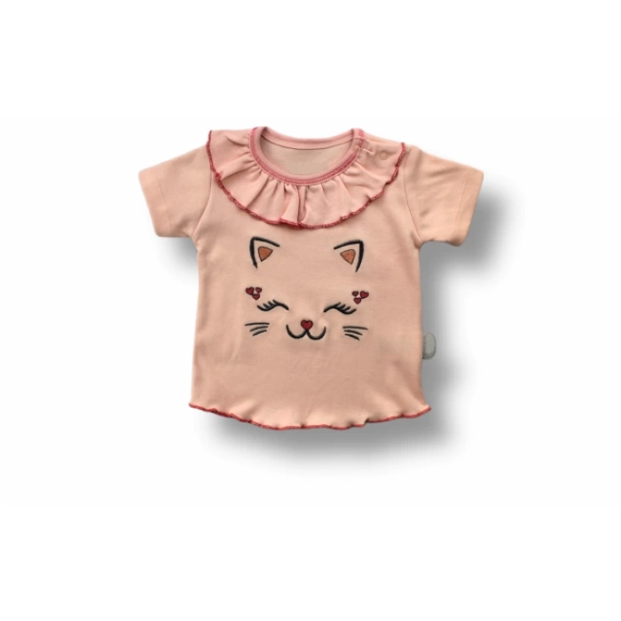 6-9 9-12 12-18 Ay Vip Kedi Baskılı Bandanalı Kısa Kollu Sweat 3lü Kız Bebek Takımı