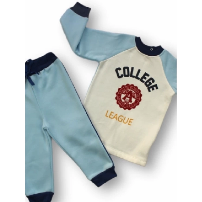 9-12 12-18 18-24 24-36 Ay College Baskılı 3 İplik Kumaş Uzun Kollu Sweatli 2li Erkek Bebek Takımı