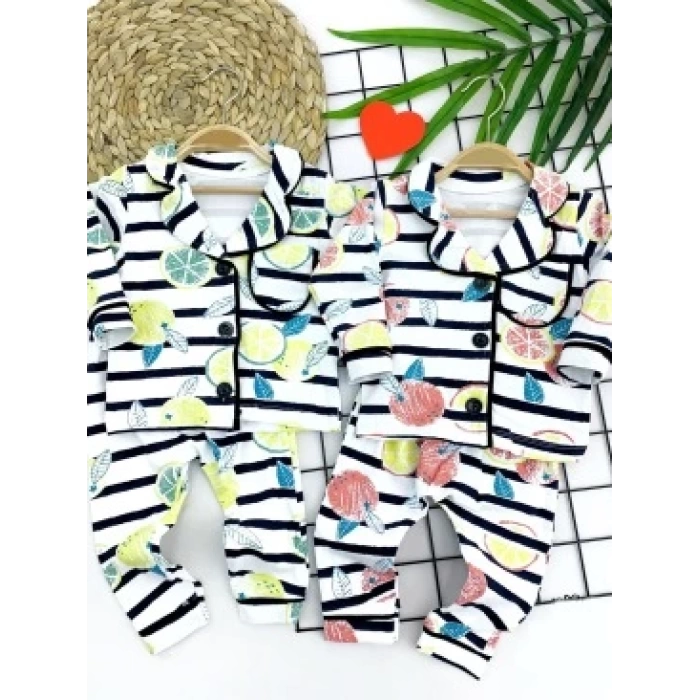 9-12-18-24 Ay Çizgili Meyve Desenli Düğme Kapamalı 2li Kız Erkek Bebek Pijama Takımı