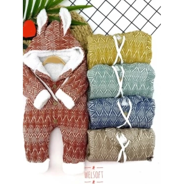 9-12-18-24 Ay Düğme Kapamalı Kulaklı Kapşonlu Motif Desenli Örme Kumaş Kız Erkek Bebek Tulumu