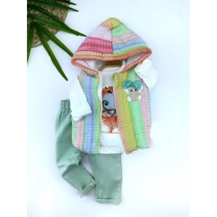 9-12-18-24 Ay Kapşonlu Fermuarlı Gökkuşağı Şişme Yelek Sweat Pantolonlu 3lü Kız Erkek Bebek Takımı