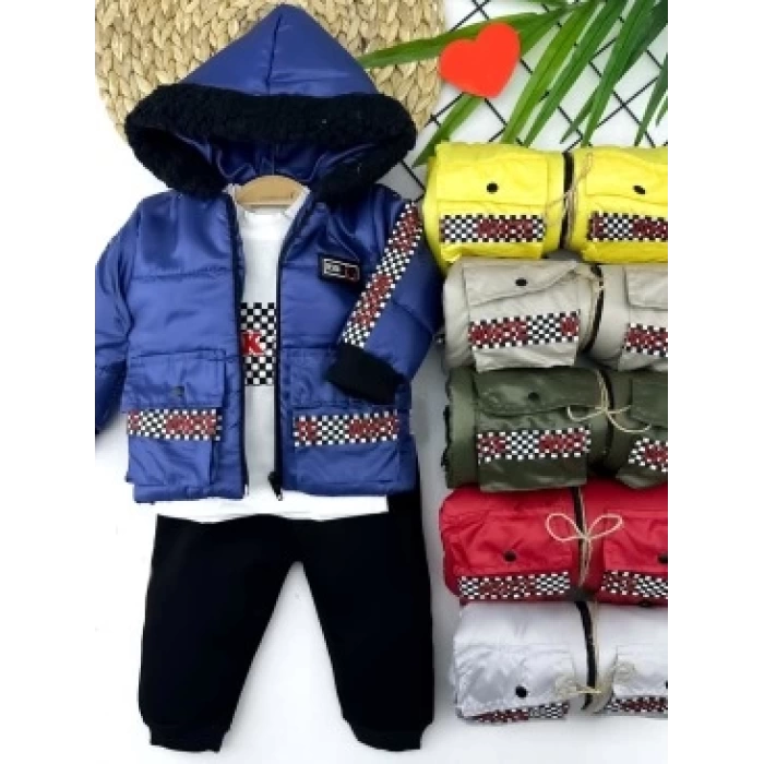 9-12-18-24 Ay Kapşonlu Fermuarlı Mont Pantolon Uzun Kollu Sweatli 3lü Kız Erkek Bebek Takımı