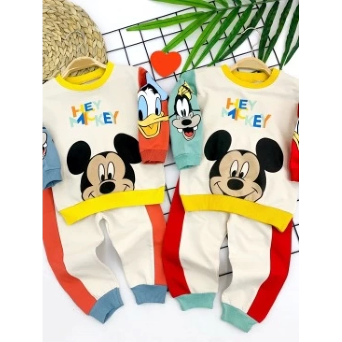 9-12-18-24 Ay Mickey Ve Arkadaşları Desenli Uzun Kollu Sweat 2li Kız Erkek Bebek Takımı