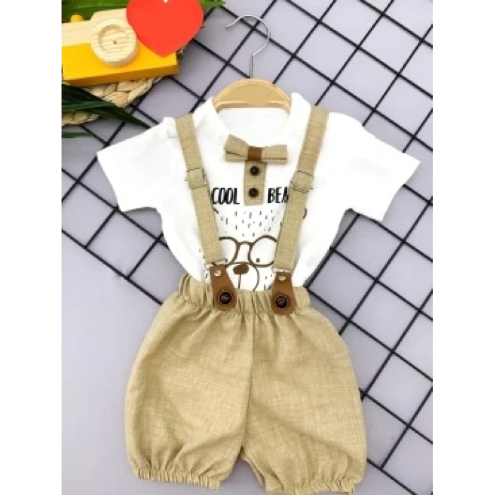 9-12-18-24 Ay Papyon Detaylı Keten Şort Salopet Tişörtlü 2li Erkek Bebek Takımı