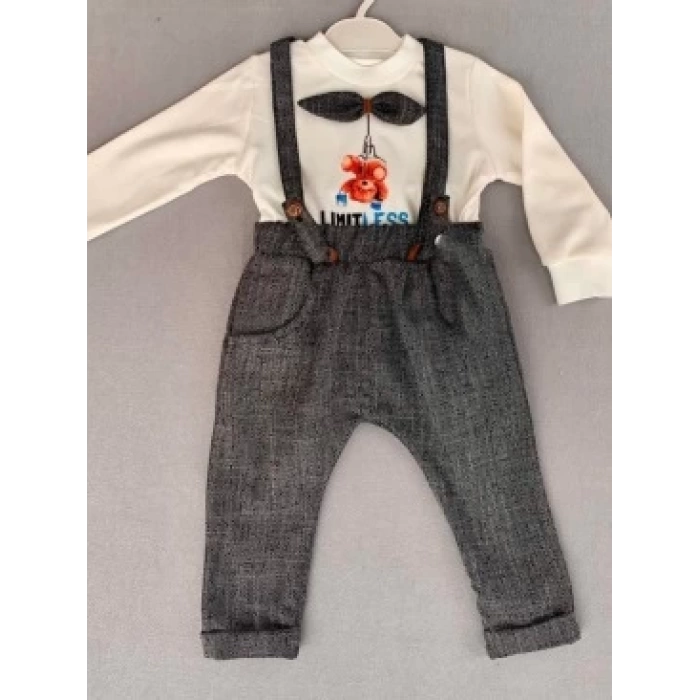 9-12-18 Ay Papyonlu Sweat Kot Pantolon 2li Erkek Bebek Salopet Takımı