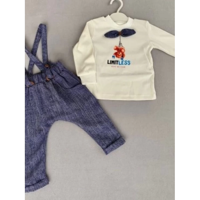 9-12-18 Ay Papyonlu Sweat Kot Pantolon 2li Erkek Bebek Salopet Takımı