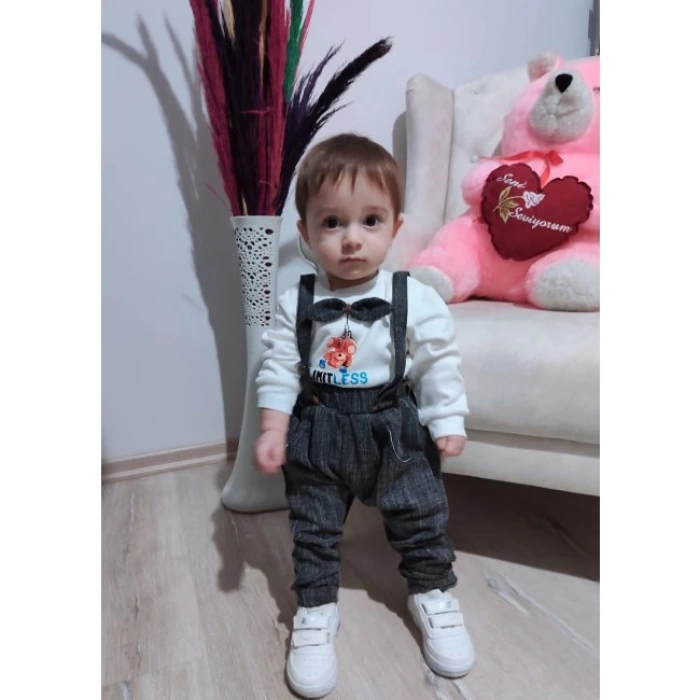 9-12-18 Ay Papyonlu Sweat Kot Pantolon 2li Erkek Bebek Salopet Takımı
