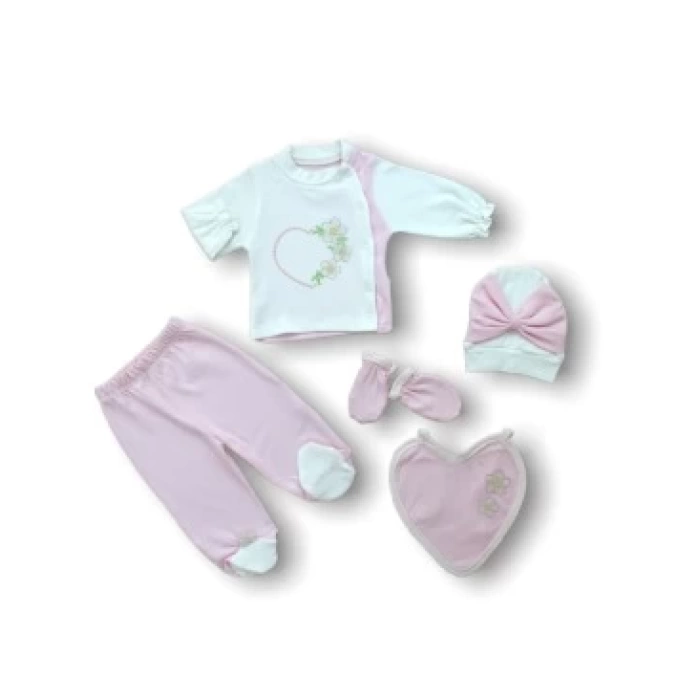 Baharın Çiçekli Kalbi Nakışlı %100 Cotton Antibakteriyel 5li Zıbın Takımı Hastane Çıkışı