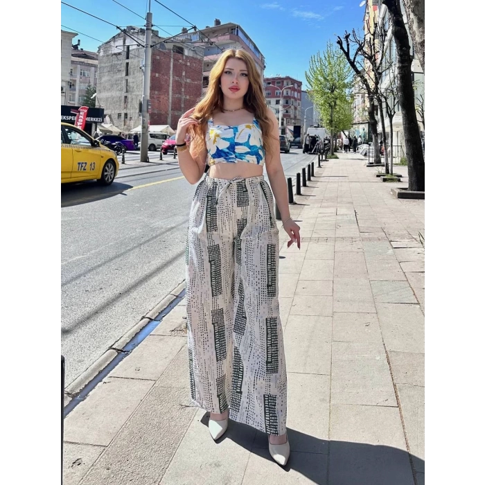 Baskılı Bağcıklı keten pantolon krem