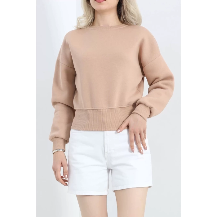 Bisiklet Yaka 3 İplik Crop Sweat Bej - 20968.1878.