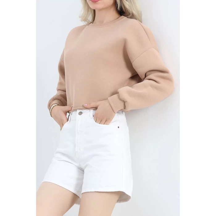 Bisiklet Yaka 3 İplik Crop Sweat Bej - 20968.1878.