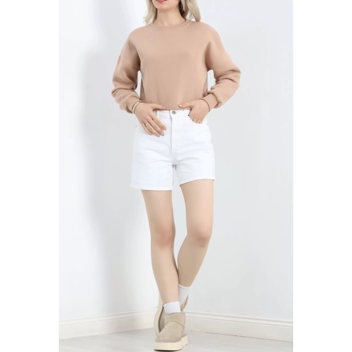 Bisiklet Yaka 3 İplik Crop Sweat Bej - 20968.1878.