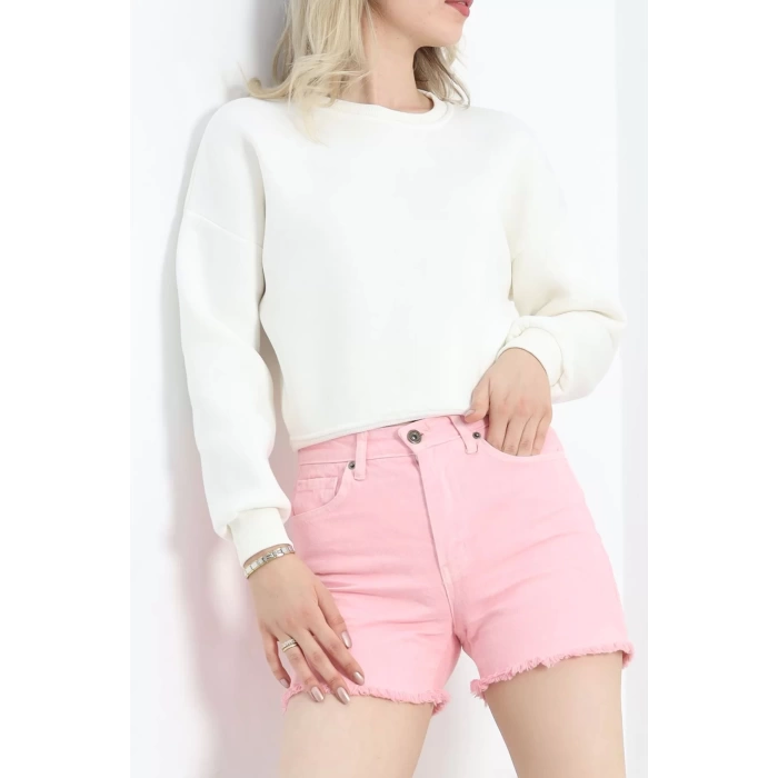 Bisiklet Yaka 3 İplik Crop Sweat Ekru - 20968.1878.