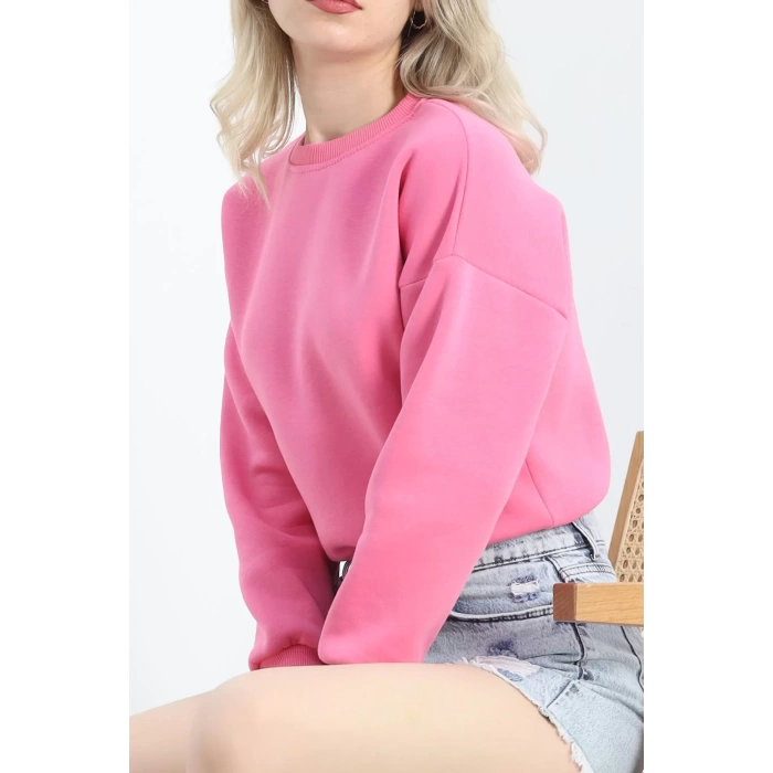 Bisiklet Yaka 3 İplik Crop Sweat Pembe - 20968.1878.