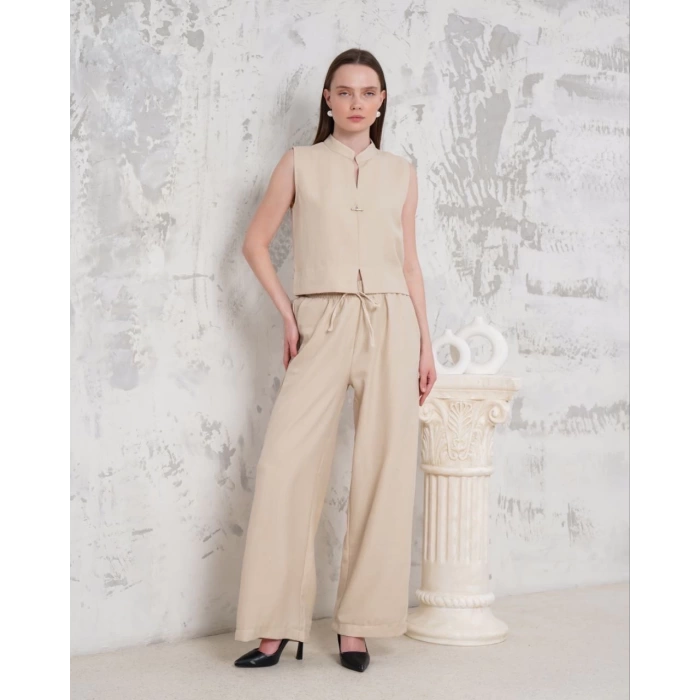 Broşlu yelek pantolon takım bej s255821