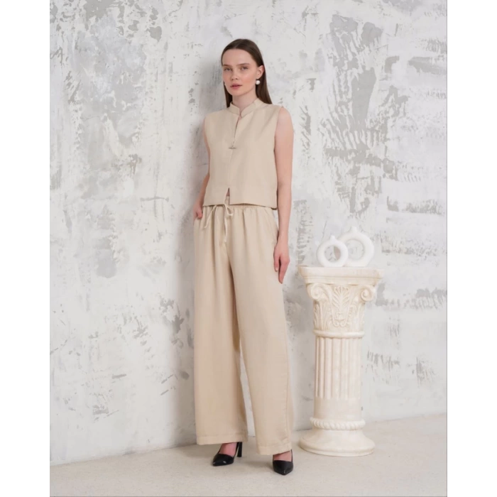 Broşlu yelek pantolon takım bej s255821