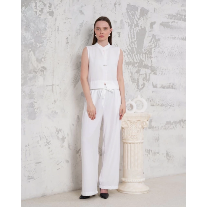Broşlu yelek pantolon takım beyaz s255821