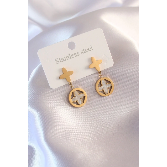 Çelik Gold Renk Yonca Model Kadın Küpe