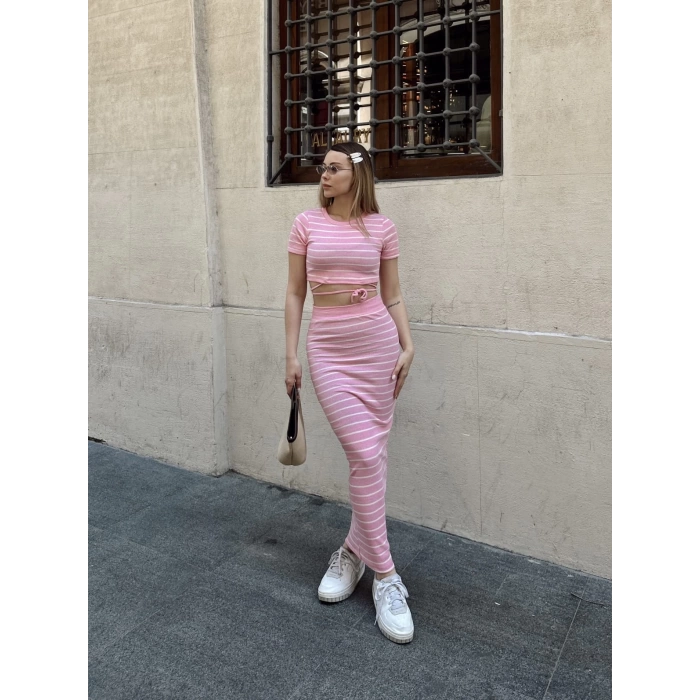 Çizgili etekli takım pembe s3609