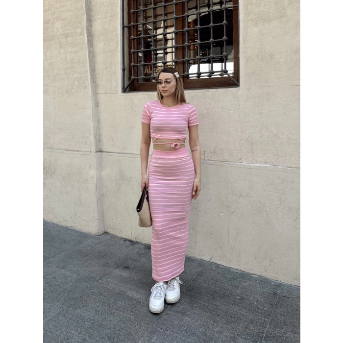 Çizgili etekli takım pembe s3609