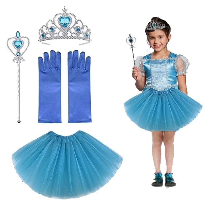 Nessiworld Çocuk Elsa Kostümü Elsa Eteği Eldiveni Tacı ve Asası 4 lü Set