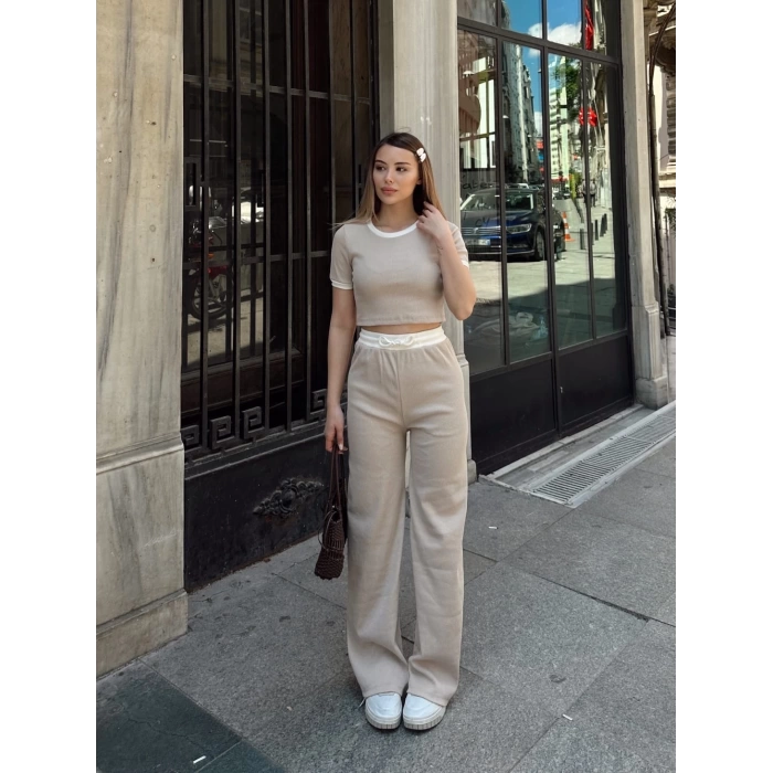 Crop pantolon biyeli takım bej