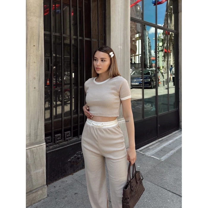 Crop pantolon biyeli takım bej