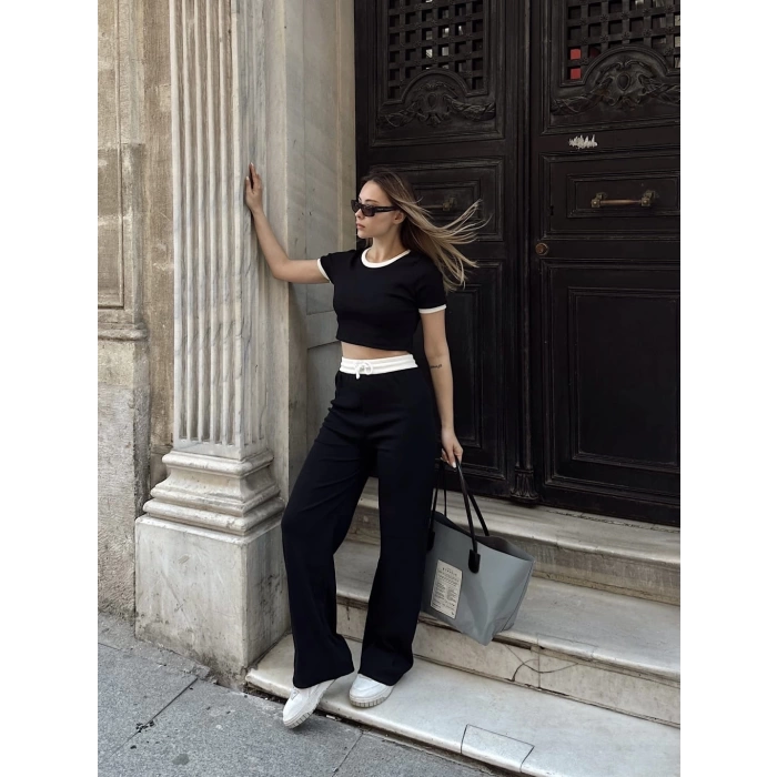 Crop pantolon biyeli takım siyah