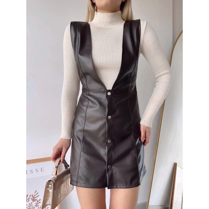 Deri jile elbise kahve w24796
