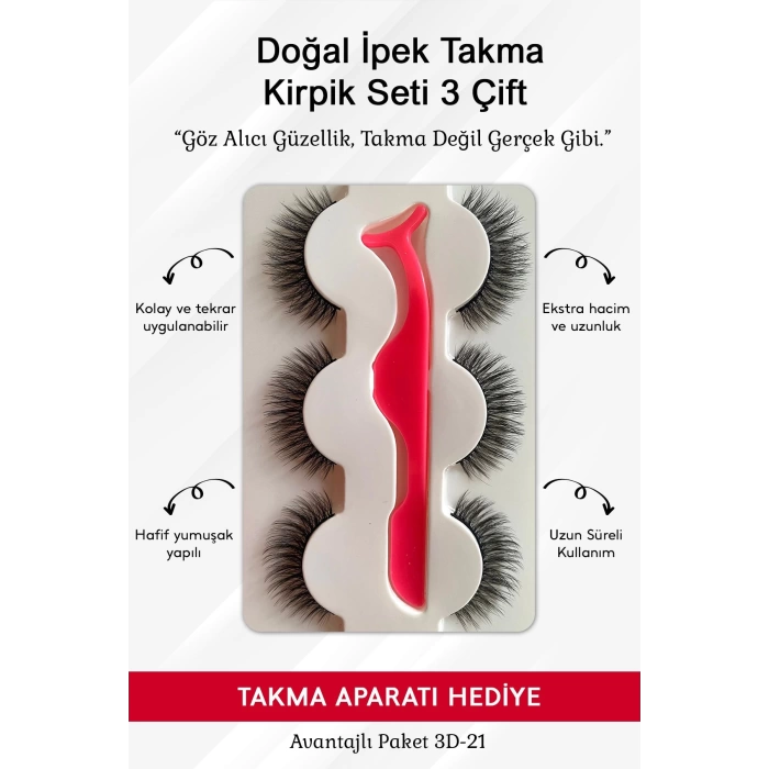 Doğal İpek Takma Kirpik 3 Çift + Kirpik Takma Aparatı 3d-21