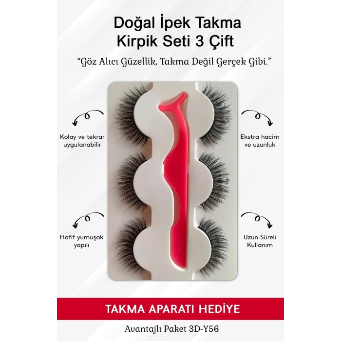 Doğal İpek Takma Kirpik 3 Çift + Kirpik Takma Aparatı 3d-32