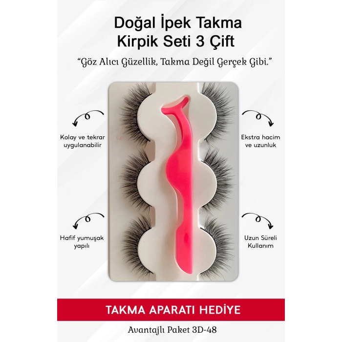 Doğal İpek Takma Kirpik 3 Çift + Kirpik Takma Aparatı 3d-48