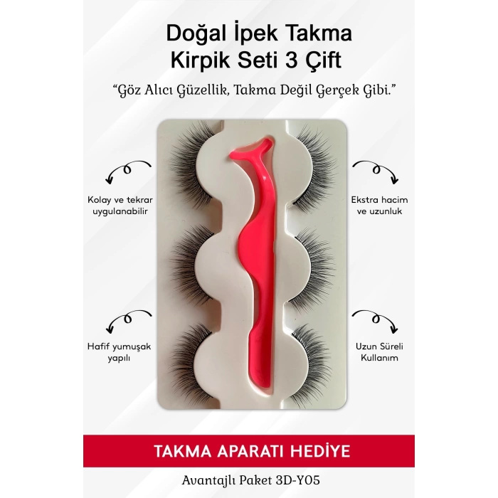 Doğal İpek Takma Kirpik 3 Çift + Kirpik Takma Aparatı 3d-y05