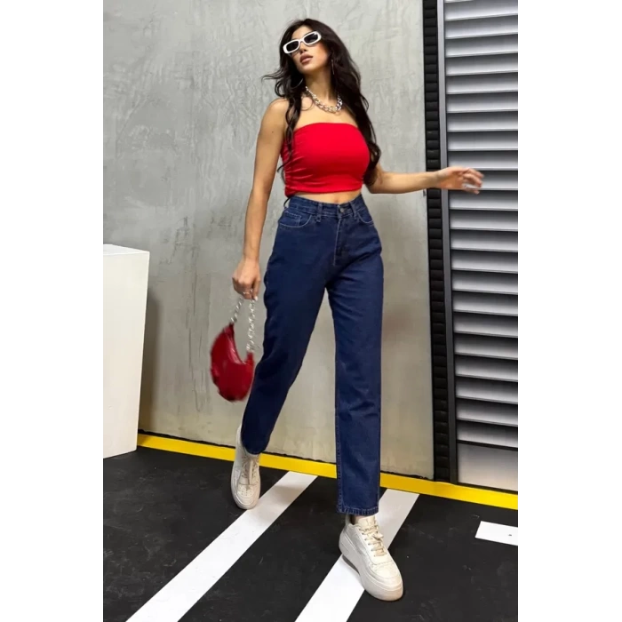 Düz Orta Kadın Mavi Slim Fit Mom pantolon