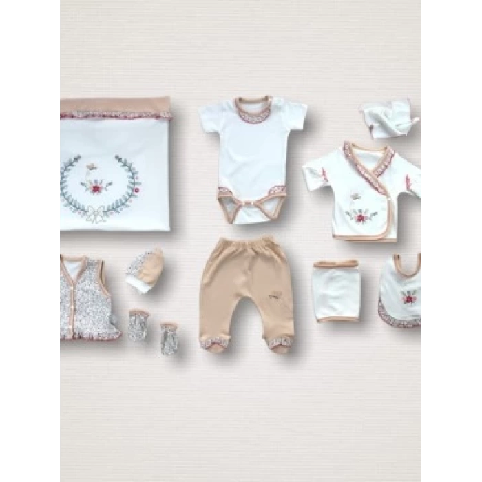 Erguvan Taç Nakışlı %100 Cotton Antibakteriyel Kız Bebek 10lu Zıbın Takımı Hastane Çıkışı