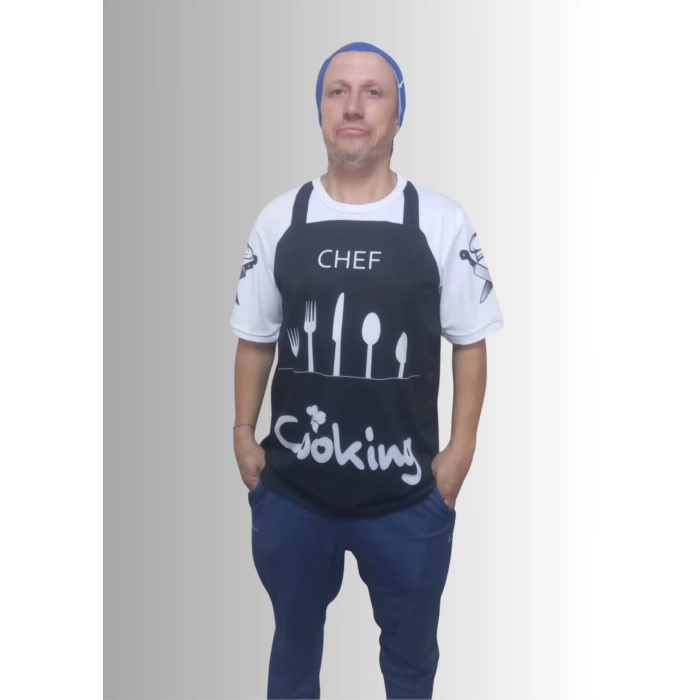 Erkek T-Shirt Chef Cooking Önlük Baskılı Siyah (Kesik Elyaf Kumaş)