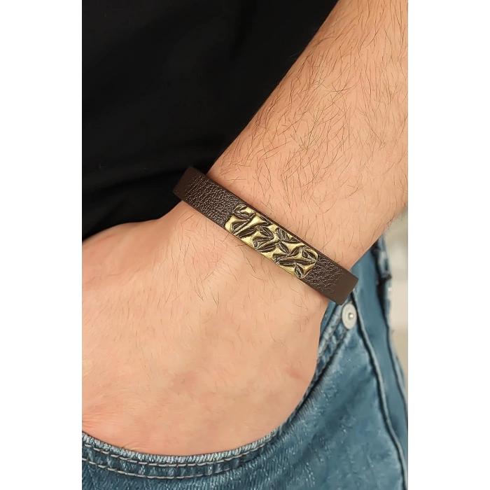 Eskitme Metal Şık Aksesuarlı Kahverengi Deri Erkek Bileklik