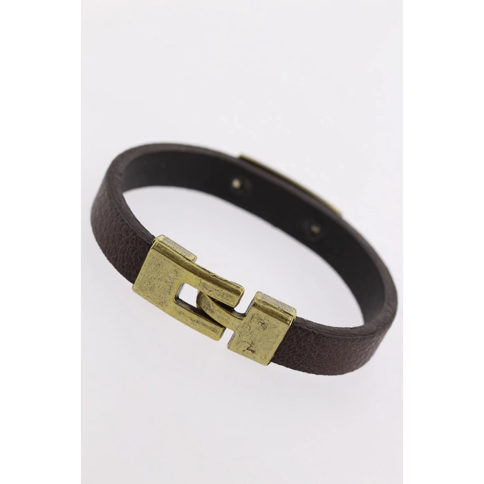 Eskitme Metal Zebra Aksesuarlı Kahverengi Deri Erkek Bileklik