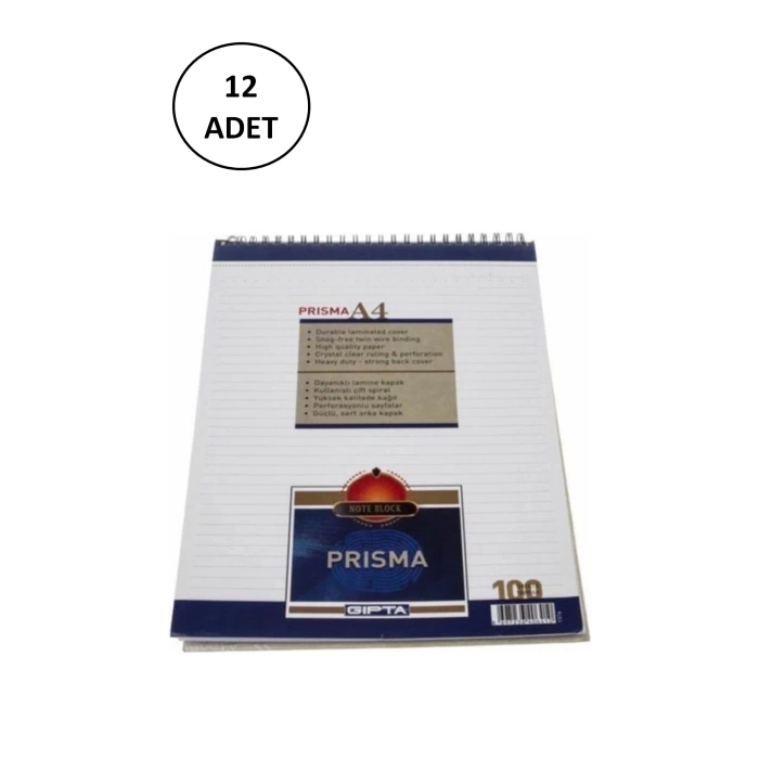 Gıpta Prisma Bloknot A-4 Spiralli Karton Kapak 100 Yaprak Çizgili 12 Adet