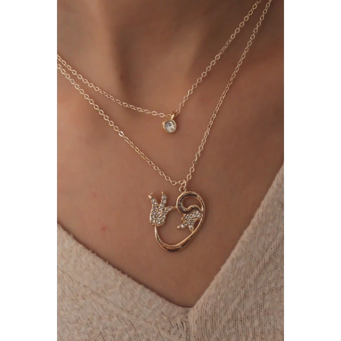 Gold Renk Vav Lale Figür Zirkon Taşlı Kadın Kolye